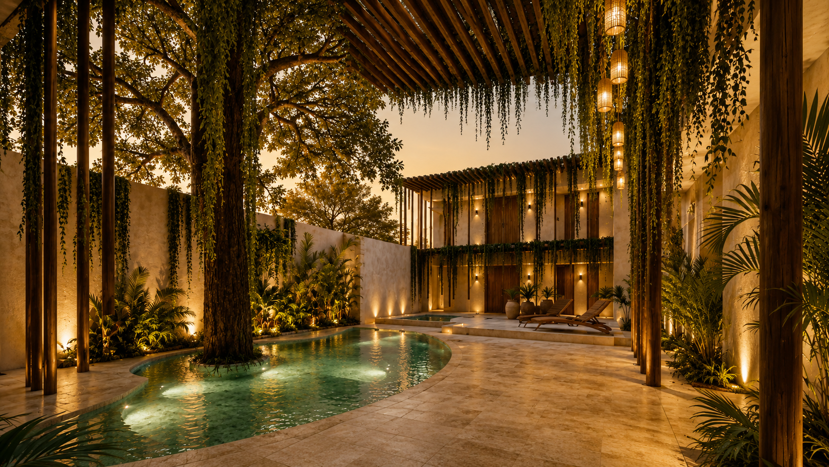 Patio principal de ReVibe Stays al atardecer, con alberca y vegetación tropical