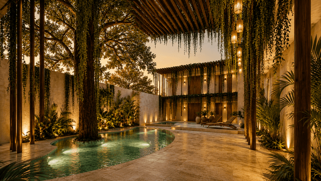 Patio principal de ReVibe Stays Mérida al atardecer, con alberca y vegetación tropical